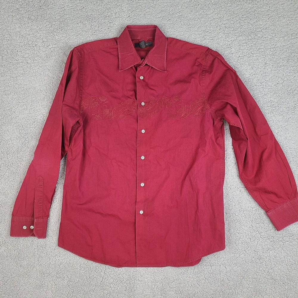 Express Shirt Men's Large Red Button Down Embroidered Floral Long Sleeve